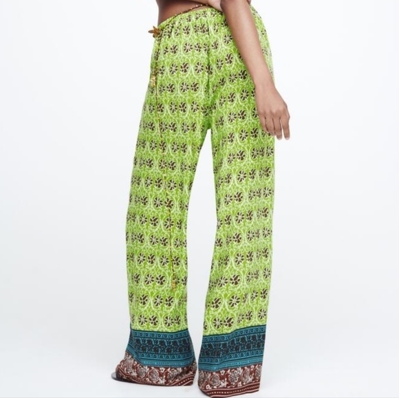 New Zara Full Length Printed High Waist Wide Leg Boho Green Pants NWT - Picture 7 of 13